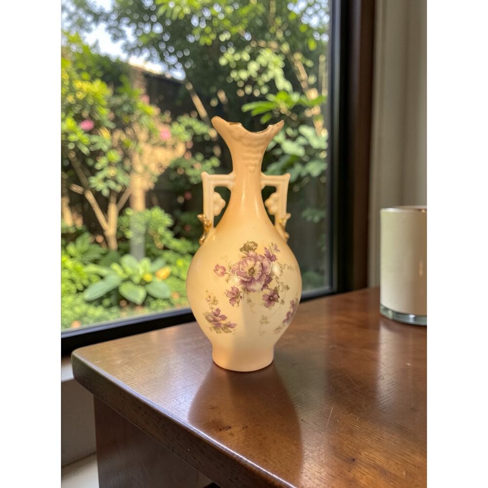 Antique Royal Rudolstadt German Porcelain Vase 7.25" Floral Gold Crown RW Mark